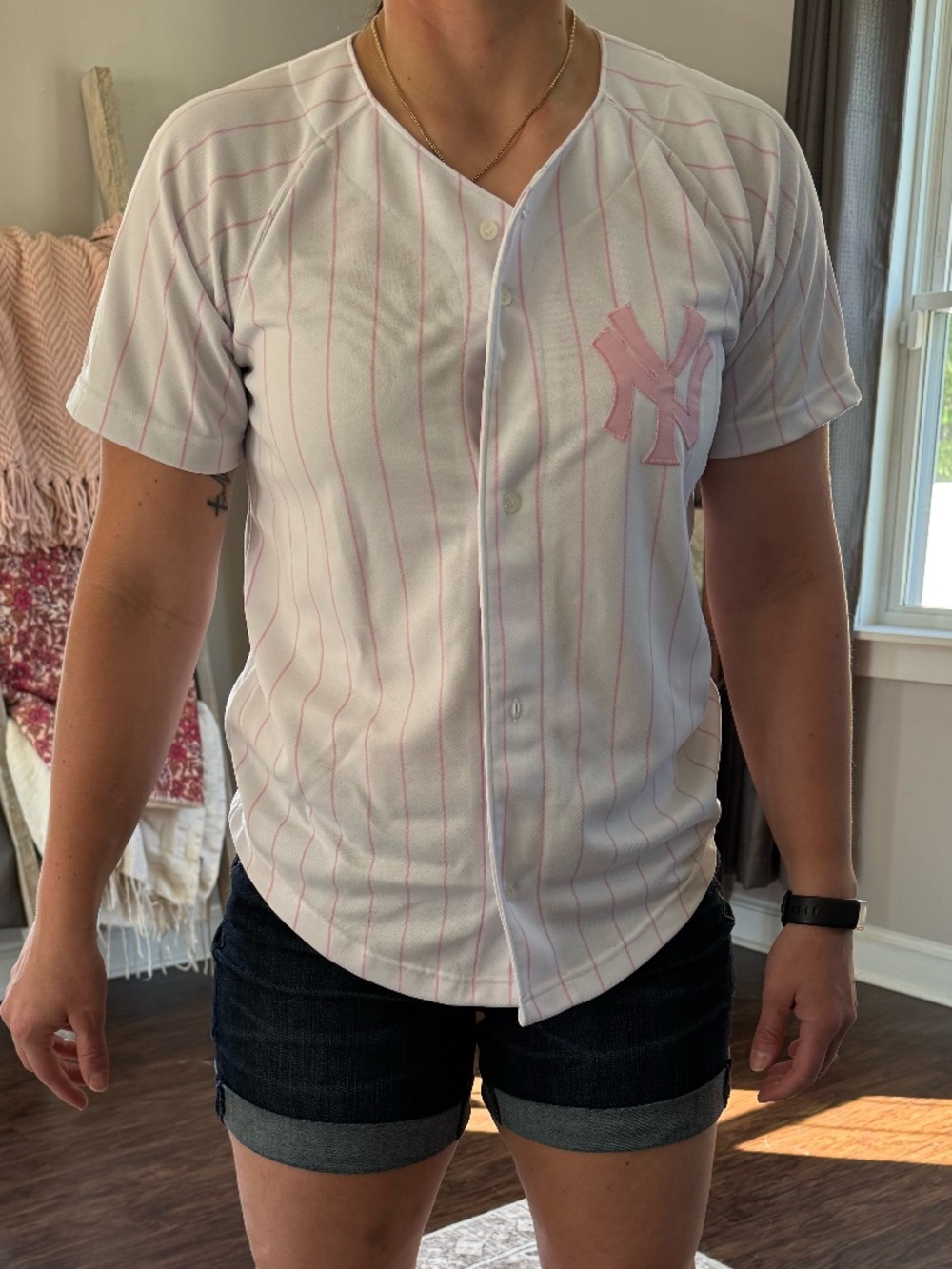 New York Yankees Alex Rodriguez #13 Pink Pinstripe Jersey | Majestic | Women’s S